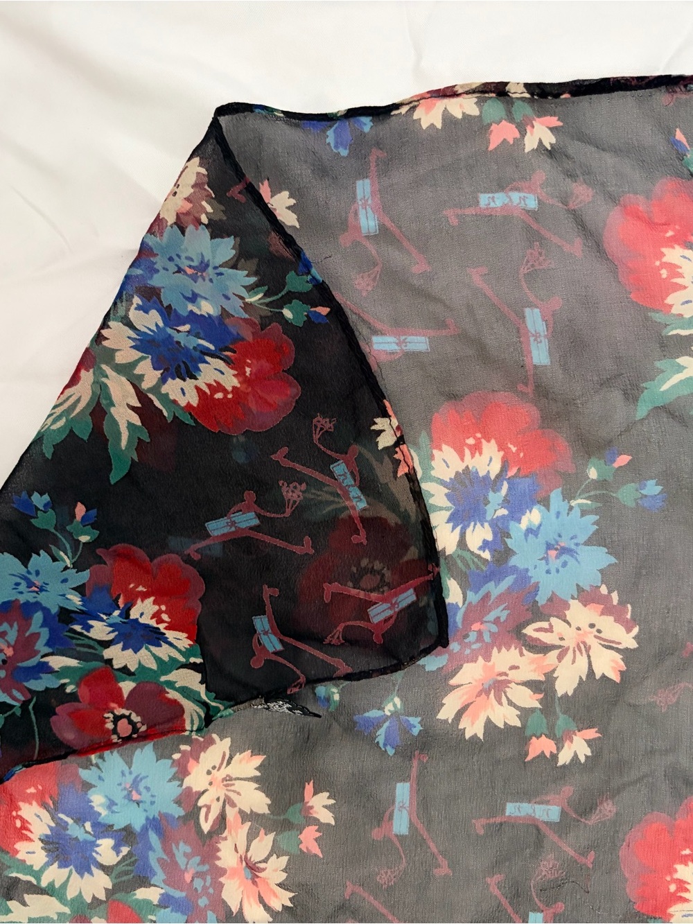 Sheer Black Floral Scarf with Red & Blue Blooms
